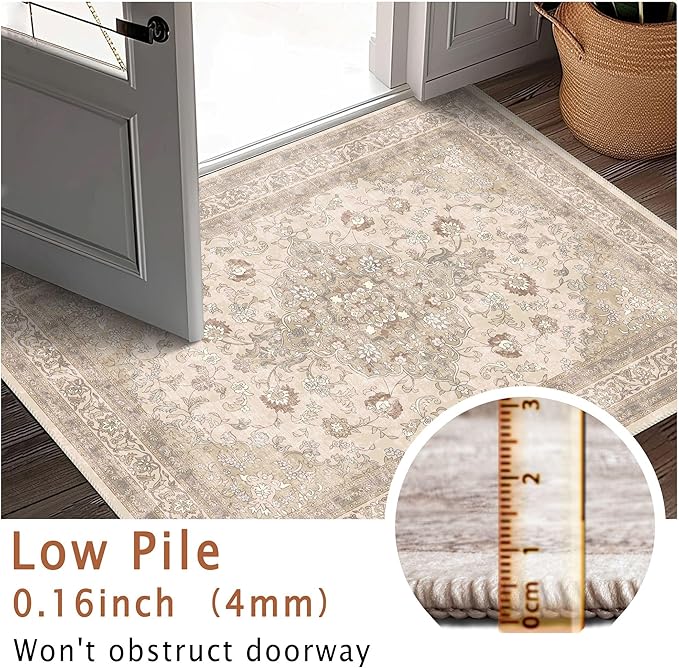vivorug Beige 5x7 Area Rugs - Ultra-Thin Washable Rug with Non-Slip Backing, Ideal for Living Room, Bedroom, Kitchen Floor Carpet - Vintage Floral, Easy Clean, Durable, Low Pile