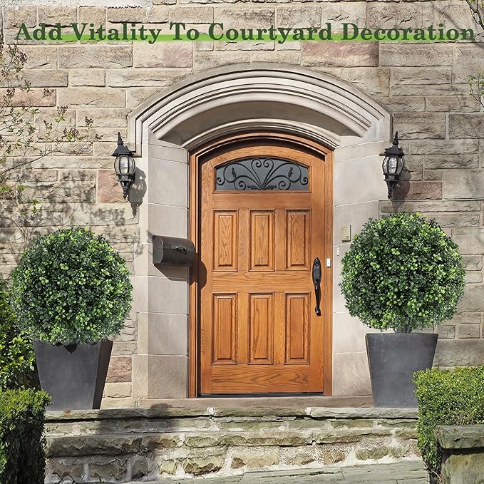 16" Artificial Boxwood Topiary Trees, UV Resistant Outdoor/Indoor Faux Plants Realistic Landscaping Decor for Porch Garden Entryway-2 Pack