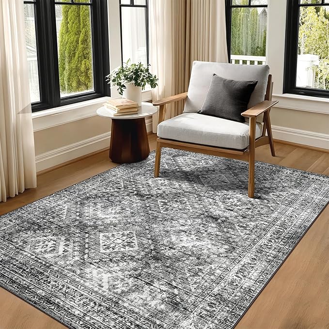 MIULEE 5x7 Vintage Living Room Rug Washable Area Rugs Low Pile Floor Mat for Bedroom Dining Room Non-Slip Stain Resistant Soft Indoor Carpet for Home Decor, Black