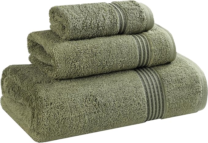 Superior Egyptian Cotton 3-Piece Towel Set, Assorted Towels, Home Bathroom, Master, Guest Bath, Decor Essentials, Includes 1 Bath, 1 Hand, 1 Face Towel/Washcloth, Quick Dry, Absorbent, Forest Green