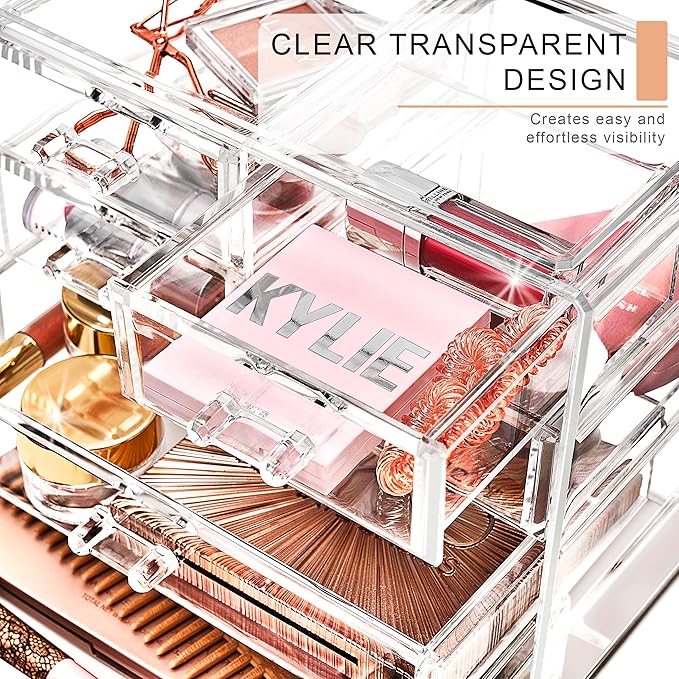 Sorbus Clear Makeup Organizer Display - Stylish Organization and Storage Case for Cosmetics, Jewelry & Hair Accessories - Space Saving Makeup Organizer for Vanity & Bathroom (2 Large, 4 Small Drawers)