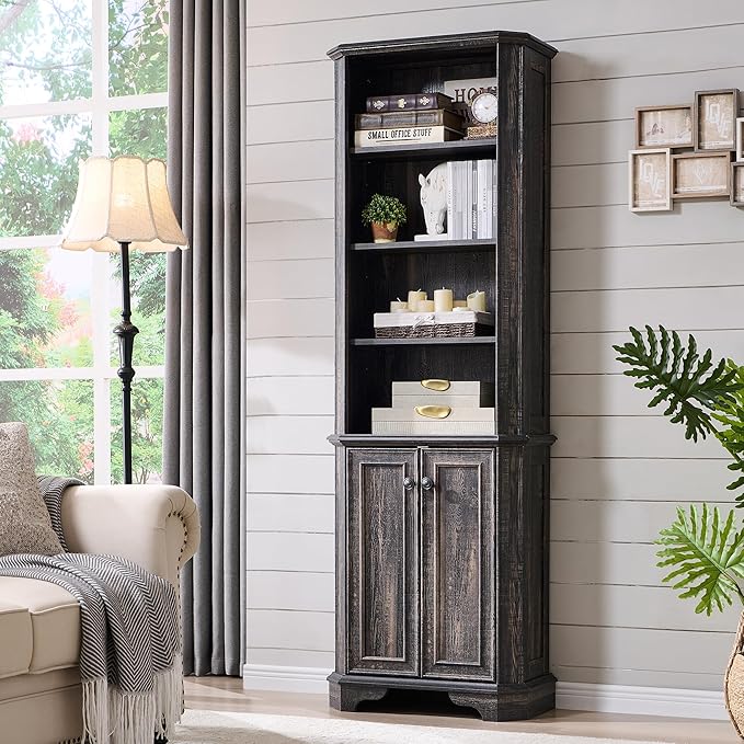 OKD 6-Tier Bookcase with Doors, 72" Tall Farmhouse Bookshelf with Storage & Adjustable Shelves, Wooden Floor Standing Display Book Shelf Organizer for Home Office, Dark Rustic Oak