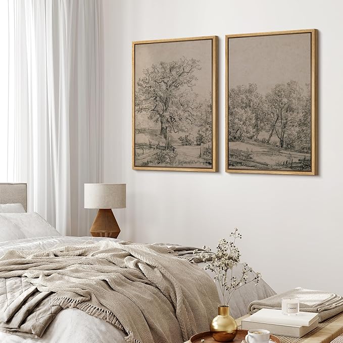 MUDECOR Framed Canvas Print Wall Art Ancient Tree and Country Road Sketch Classic Landscape Pencil Nature Wilderness Illustrations Decorative for Living Room, Bedroom, Office - 16"x24"x2 Natural