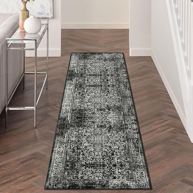 vivorug Runner Rug 2'x7' Vintage Washable Non-Slip Runners for Hallways Kitchen Entryway Laundry Room Carpet Hallway Runner, Black and White Rug