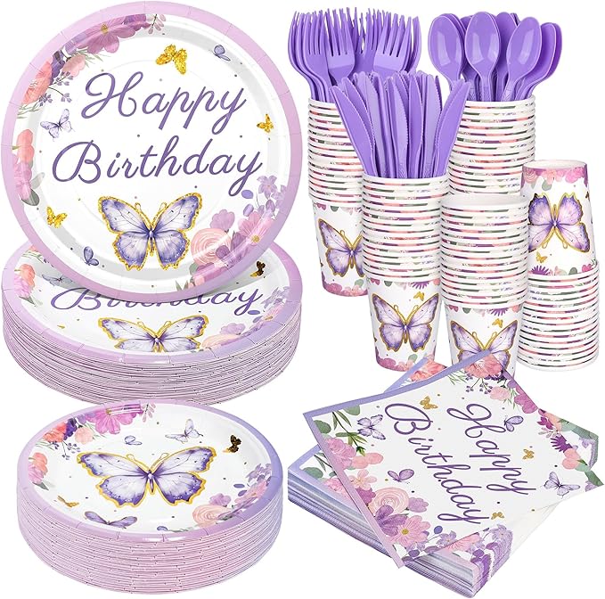 400 Pieces Butterfly Disposable Party Tableware Sets Including Plates Cups Napkins Cutlery Serves 50 for Butterfly-themed Party Birthday Baby Shower Girls Party Decorations