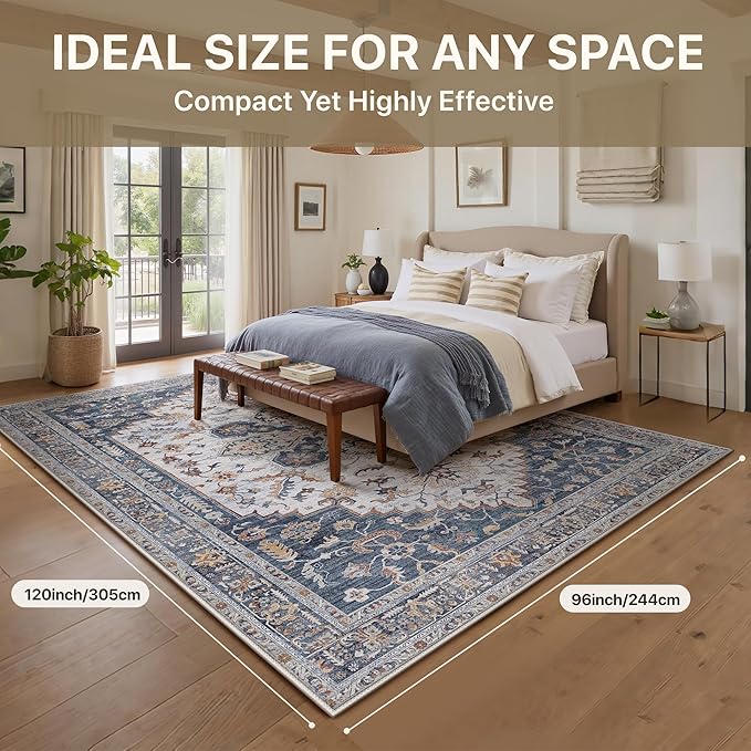 GENIMO 8X10 Area Rugs for Living Room, Machine Washable Vintage Floor Cover Foldable Modern Non Slip Rug, Low Pile Soft Indoor Carpet Floral Print Mat Rug,Bedroom/Dining Room/Home Office,Navy Blue