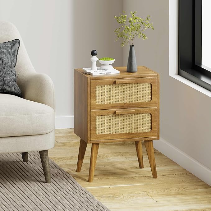 Rattan Nightstand,End Table, Side Table with 2 Hand Made Rattan Decorated Drawers,Boho Bedside Table,Wood Accent Table with Storage for Livingroom, Bedroom, Toffee Wood CTG59T