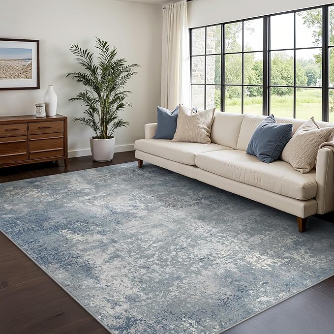 GENIMO 8x10 Washable Area Rugs for Living Room Bedroom, Modern Abstract Low Pile Soft Non Slip Rug, Contemporary Indoor Floor Carpet Cover for Dining Room Kitchen, Haze Blue