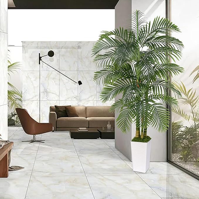 Artificial Golden Cane Palm Tree 7FT, Fake Palm Tree with Three Realistic Trunks and Lifelike Palm Leaves, Faux Palm Plant for Indoor Home Décor with White Planter
