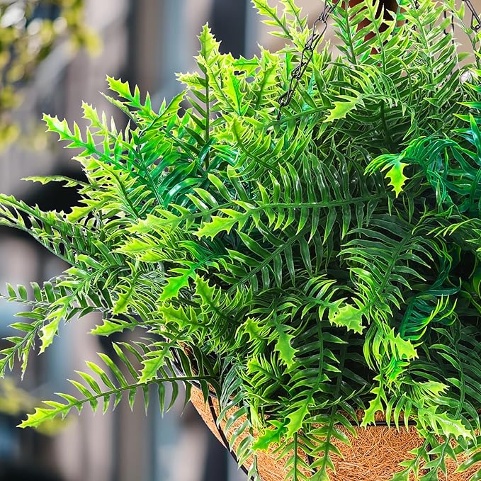 Hananona 2 Set Artificial Hanging Plants Outdoor Fake Hanging Ferns Planter, UV Resistant Faux Fern Plant Basket for Outdoors Patio Garden Home Decor (2, Green)
