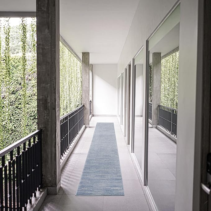 Nourison Home Essentials Solid Indoor/Outdoor Blue/Grey 2'2" x 14 Area Rug, Easy Cleaning, Non Shedding, Bed Room, Living Room, Dining Room, Deck, Patio, Backyard (2x14)