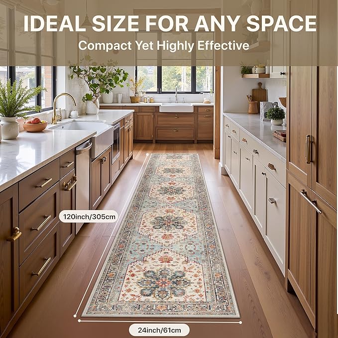 GENIMO 2X10 Runner Rugs for Entryway,Machine Washable Vintage Floor Cover Foldable Modern Non Slip Rug, Low Pile Soft Carpet Floral Print Mat for Indoor Entryway/Bathroom/Kitchen/Carpet,Sky Blue