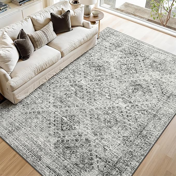 MIULEE 8x10 Vintage Washable Area Rugs Living Room Rug Low Pile Boho Farmhouse Floor Mat for Bedroom Dining Room Under Kitchen Table, Non-Slip Stain Resistant Soft Large Carpet for Home Decor, Grey