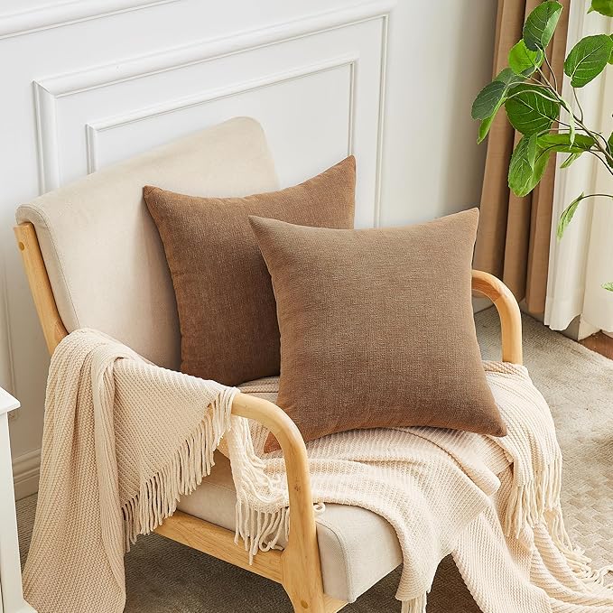 GAWAMAY Decorative Square Throw Pillow Covers 22x22 Inch Set of 2, Super Soft Chenille Pillows Farmhouse Fall Pillowcase for Living Room Bedroom Sofa Couch Cushion Cover Brown 55x55cm (No Inserts)