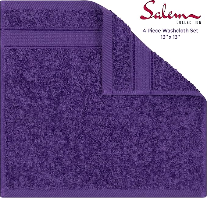 American Soft Linen Salem Washcloth Sets, 4 Piece Luxury 600 GSM 100% Cotton Washcloths for Bathroom, 13x13 inches Washrags Premium Quality Hand Face Towels, Purple