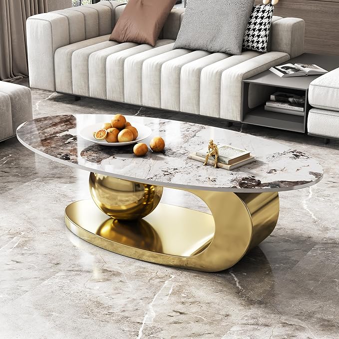 Modern Oval Marble Coffee Table, 51.2" Gold Coffee Table with Sintered Stone Top & Geometric Stainless Steel Base, Luxury Oval Tea Center Tables for Living Room
