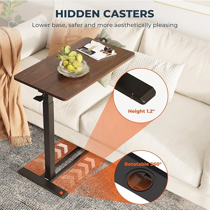 Medical Overbed Adjustable Bedside Table with Hidden Casters, Pneumatic Mobile Rolling Laptop Standing Desk with Tray for Home and Hospital Use, Mahogany