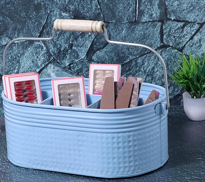 Alpha Living Home Galvanized Utensil Holder with Handle - 4 Compartment Silverware Caddy,Flatware Organizer for Kitchen, Countertop, Dining Table, BBQ, Picnic, Party, Farmhouse, Décor (Blue)