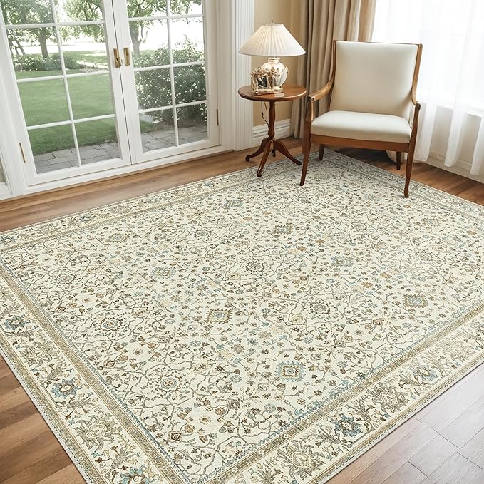 GENIMO Washable Area Rugs for Living Room Bedroom, 5x7 Boho Vintage Non Slip Rug, Low Pile Soft Floral Indoor Floor Carpet Cover for Dining Room Kitchen, Retro Yellow