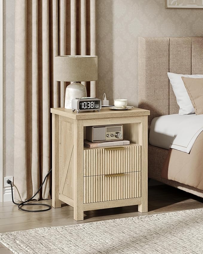 Fluted Nightstand, End Table with Charging Station and 2 Drawers, Farmhouse Nightstands with Fluted Panel, Engineered Wood Side Table for Bedroom Sunwashed Ash Oak MBZ06USO