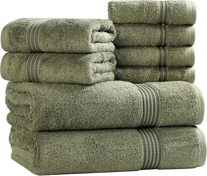 Superior Egyptian Cotton 8-Piece Towel Set, Assorted Towels, Home Bathroom, Master, Guest Bath, Decor Essentials, Includes 2 Bath, 2 Hand, 4 Face Towels/Washcloths, Quick Dry, Absorbent, Forest Green