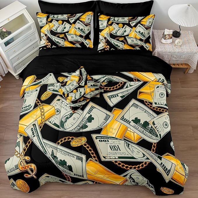 Bedorm Dollar Comforter Sets Black Gold Bedding Queen Size Bed in A Bag Money Gold Bar Pattern Rich Bedding Comforter Sets American Vintage Bed Sets