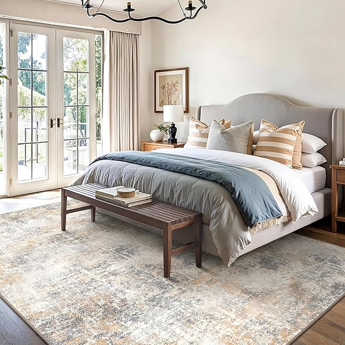 GENIMO Washable Area Rugs for Living Room Bedroom, 6X9 Modern Abstract Non Slip Rug, Low Pile Soft Contemporary Indoor Floor Carpet Cover for Dinning Room Kitchen, Beige Gold