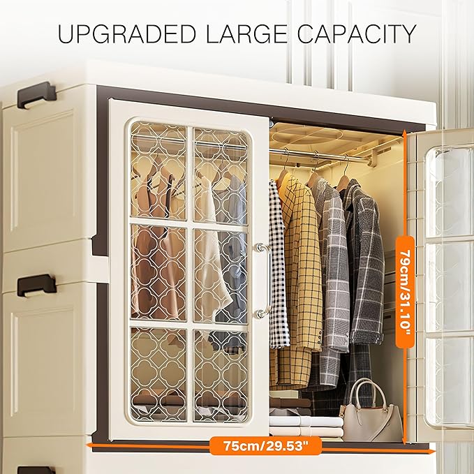 SunSettler Plastic Storage Bins with Lid, Stackable Containers with Wheels, Folding Storage Cabinets, Stackable Closet Organizers (1+2 Transparent Plus)