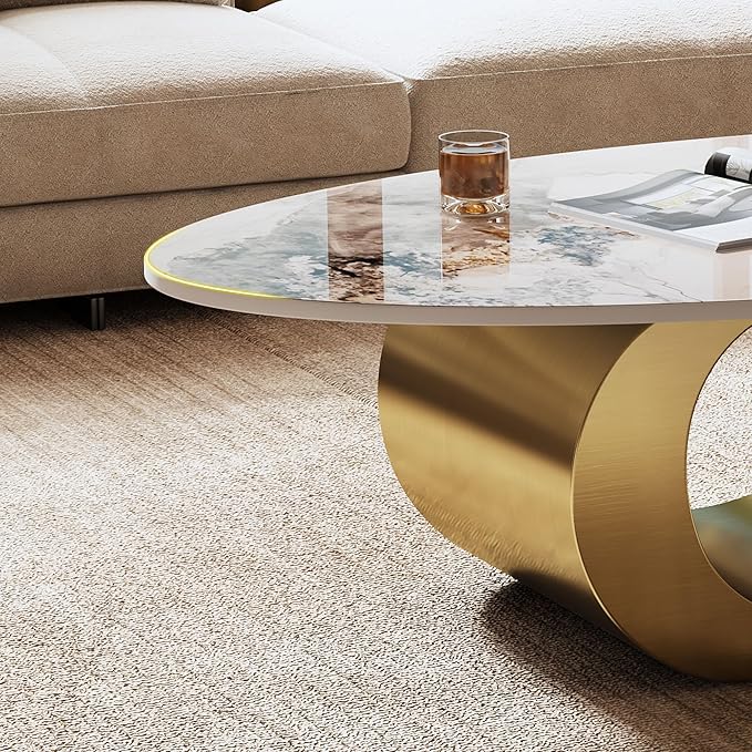 49.2" Oval Marble Coffee Table with Geometric Stainless Steel Base, Modern Sintered Stone Coffee Tables for Living Room, Luxury White Gold Cocktail Center Table Living Room Furniture for Home Decor