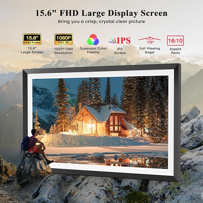 Frameo 15.6" Large Digital Picture Frame, Smart WiFi Electronic Photo Frame with LED Light 1920 x 1080 FHD IPS Touch Screen 32GB Memory Auto-Rotate Wall Mounted Slideshow, Share Photos/Video Anywhere