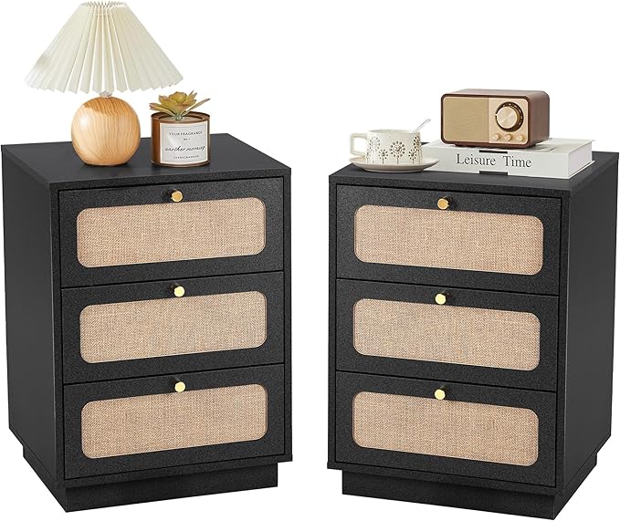 Nightstand with 3 Drawers Set of 2, Mid Century Modern Night Stand with Linen Drawers & Stable Legs, Wood Rustic Bedside Table End Table Side Table for Bedroom, Black