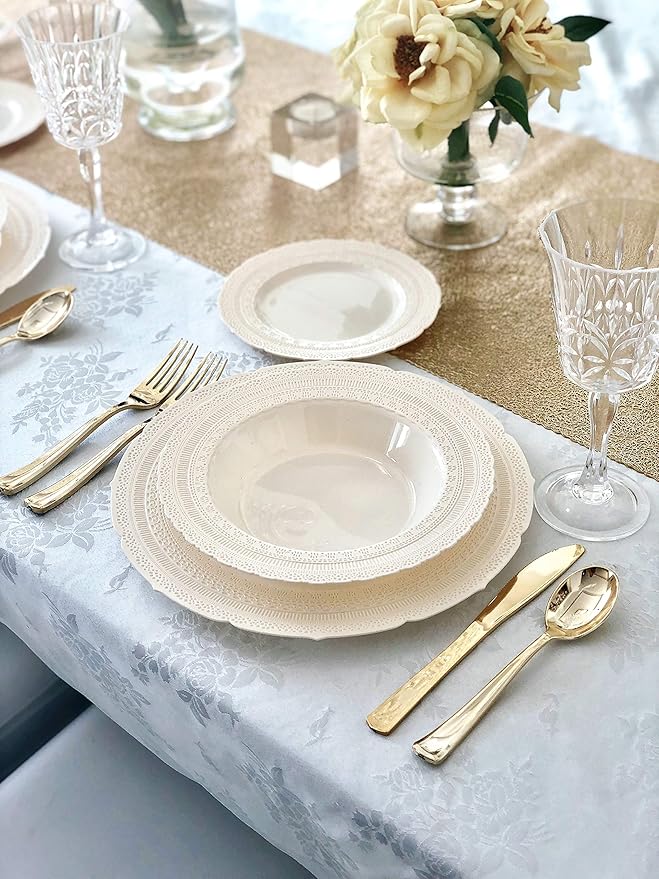 " OCCASIONS " 240 Plates Pack,(120 Guests) Extra Heavyweight Vintage Wedding Disposable/Reusable Plastic Plates 120x 11'' Dinner + 120 x 8.25'' Salad/Dessert Plate (Chateau Ivory)