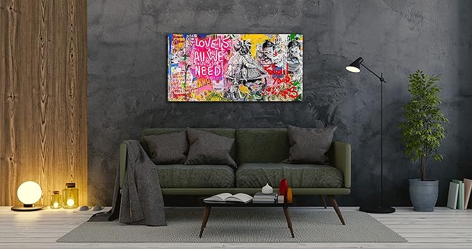 JKWALL77 Banksy Street Wall Art - Graffiti Abstract Canvas Wall-Art for Living Room Ready To Hang Size 40" x 20"