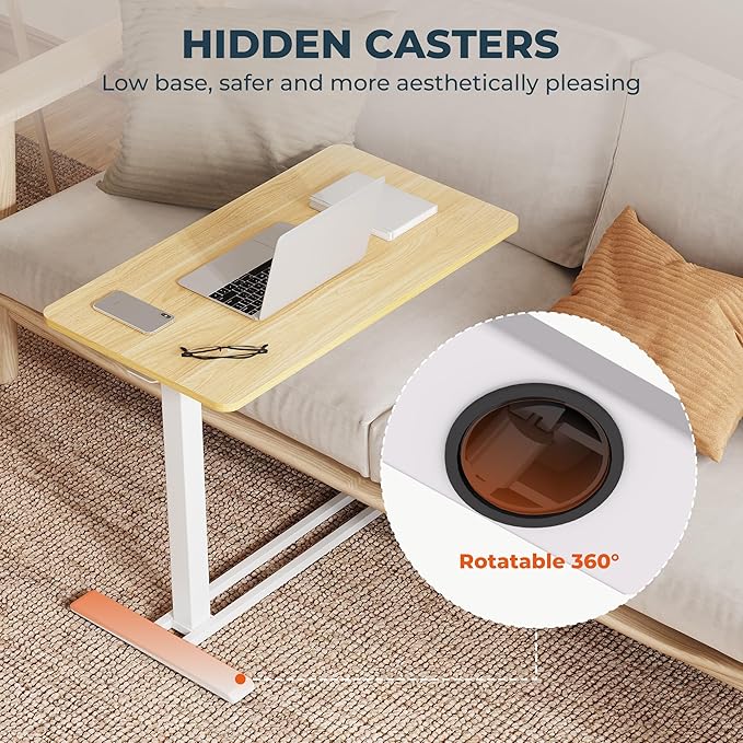 Medical Overbed Adjustable Bedside Table with Hidden Casters, Pneumatic Mobile Rolling Laptop Standing Desk with Tray for Home and Hospital Use, Maple