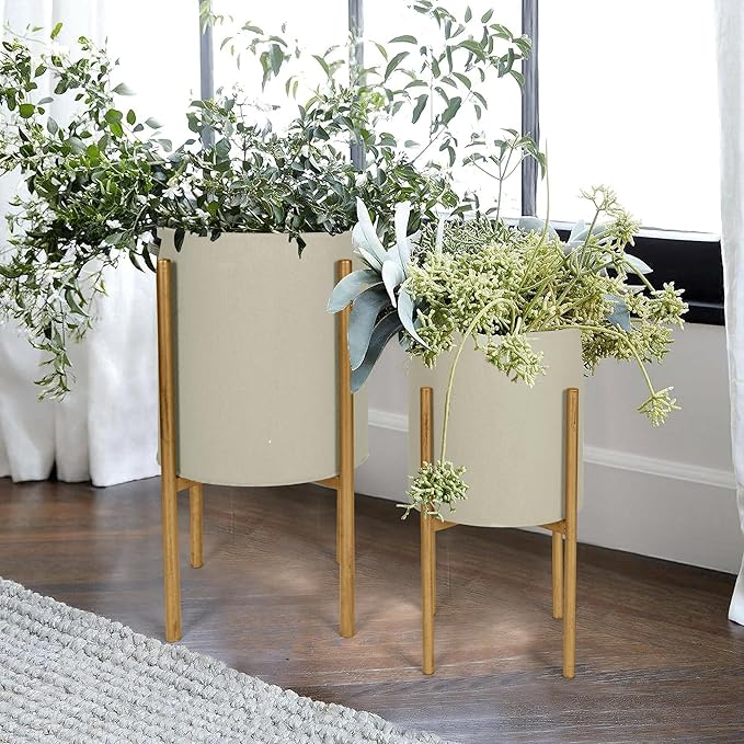 Oakrain Plants Pots with Stand, Set of 2 Planters for Indoor Plants, Modern Decorative Metal Flower Pots for Living Room, Garden, Balcony, 10"&12", Cement Gray Frosted