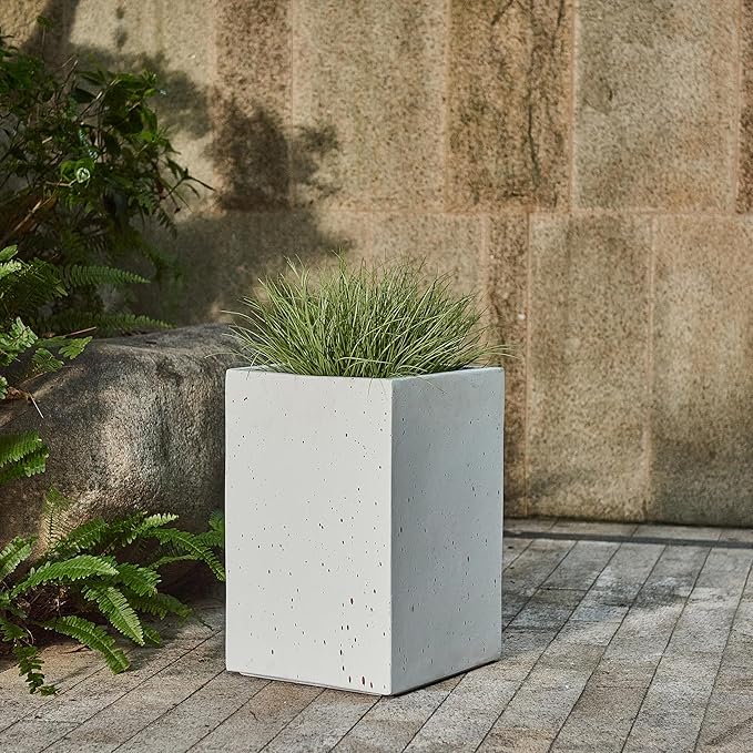 GDFStudio Lightweight Concrete Rectangle Planter Box,Handmade Outdoor Garden Pot with Drainage Hole & Rubber Plug,Modern Plant Container for Backyard Patio,No Assembly Needed,13.1" W White