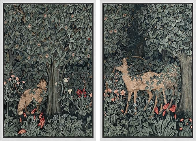 MUDECOR Framed Canvas Print Wall Art Enchanting Forest Wildlife Prints Deer & Fox in Woodland Nature Wilderness Illustrations Realism Decorative for Living Room, Bedroom, Office - 16"x24"x2 White