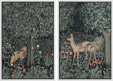 MUDECOR Framed Canvas Print Wall Art Enchanting Forest Wildlife Prints Deer & Fox in Woodland Nature Wilderness Illustrations Realism Decorative for Living Room, Bedroom, Office - 16"x24"x2 White