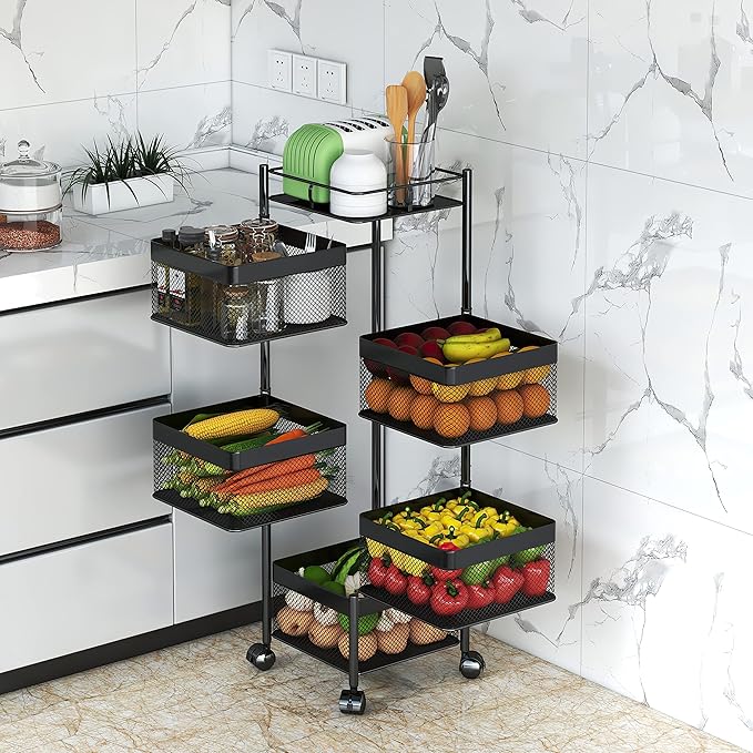 Fruit and Vegetable Basket for Kitchen No Assembly， Rotating Storage Rack,Bathroom Storage Shelf, Kitchen Organizers and Storage Cart on Rolling Wheels(Black, 5 Tier-Square)