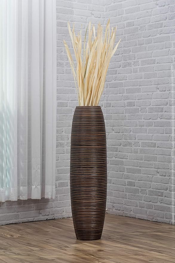 Leewadee Large Brown Home Decor Floor Vase – Wooden 34 inches Tall Farmhouse Decor Flower Holder for Fake Plant and Pampas Grass