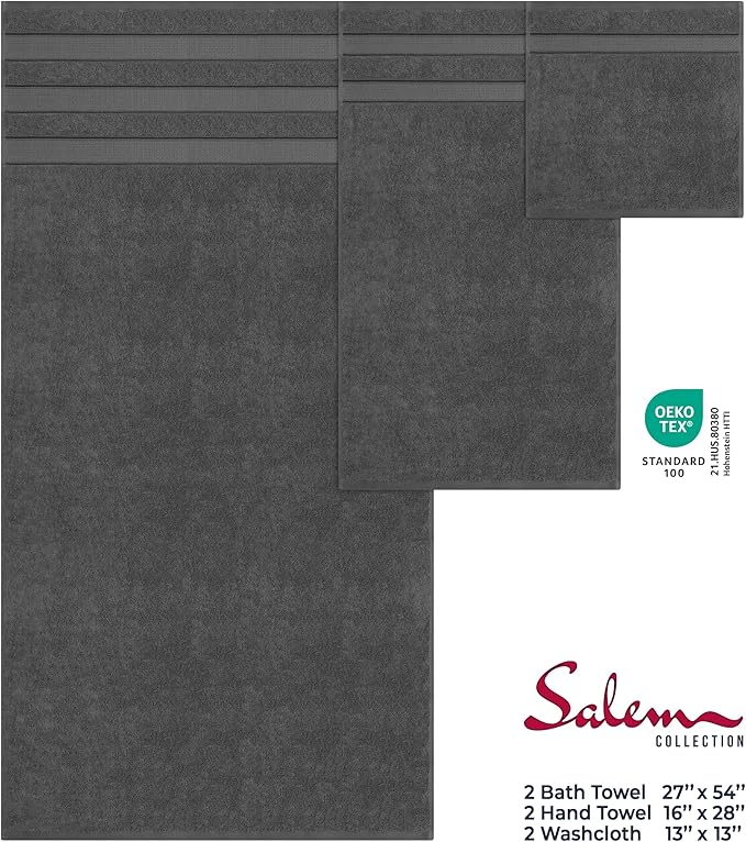 American Soft Linen Salem Turkish Bath Towel Set, 100% Cotton 600 GSM 6 Piece Towels for Bathroom, 2 Bath Towels 2 Hand Towels 2 Washcloths, Dark Gray