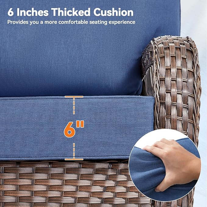 Luxury 6" Outdoor Cushions for Patio Furniture, 24x24x6 Thick Seat Cushion Set of 3, Fade Resistant Couch Chair Replacement Cushions High Density Deep Wicker Chair Cushion w/Removable Cover, Blue