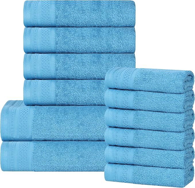 Superior Honeycomb 100% Cotton 500 GSM 12 Piece Bath Towel Set, 6 Washcloths, 4 Hand, 2 Bath Towels, Ideal for Bathroom, Kitchen or Beach, Quick Dry, Jacquard and Solid, Mid-Weight, Azure