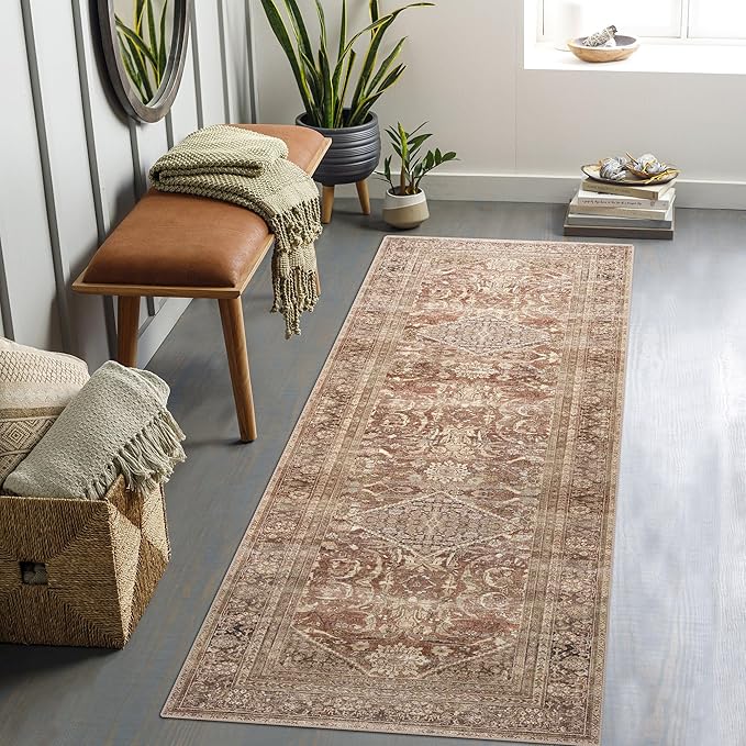 vivorug Runner Rug 2'x8' Vintage Washable Non-Slip Runners for Hallways Kitchen Entryway Laundry Room Carpet Hallway Runner Earth Tone