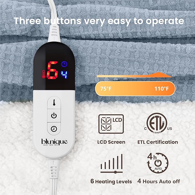 Heated Blanket Electric Throw Waffle, 50x60 Inches Sherpa Fleece Fast Heating Blanket 6 Heating Levels & 4 Hours Auto Off ETL Certification,Haze Blue Throw