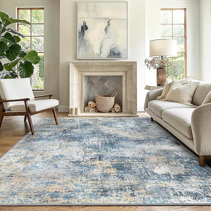 GENIMO Washable Area Rugs for Living Room Bedroom, 8x10 Modern Abstract Non Slip Rug, Low Pile Soft Contemporary Indoor Floor Carpet Cover for Dining Room Kitchen, Royal Blue