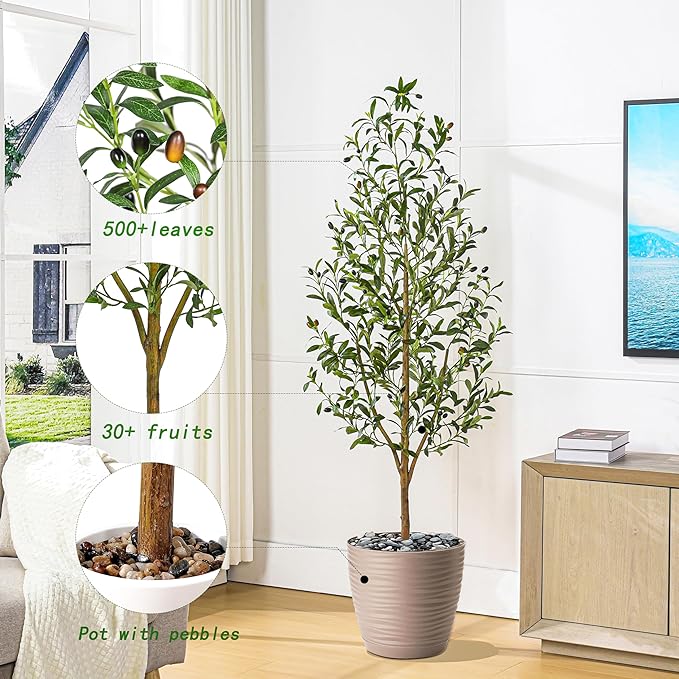 Artificial Olive Tree Artificial Plants, Tall Faux Olive Silk Plant with White Planter Home Office Decor Indoor Fake Potted Tree with Lifelike Fruits Housewarming Gift (1, White, 6FT)
