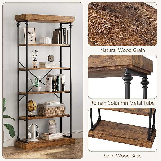 IDEALHOUSE Industrial Bookshelf Wood Bookcase 6 Tier Storage Open Rack Shelf Metal Frame Rustic Tall Standing Bookshelves Large Vintage Display Rack for Bedroom,Living Room and Home Office