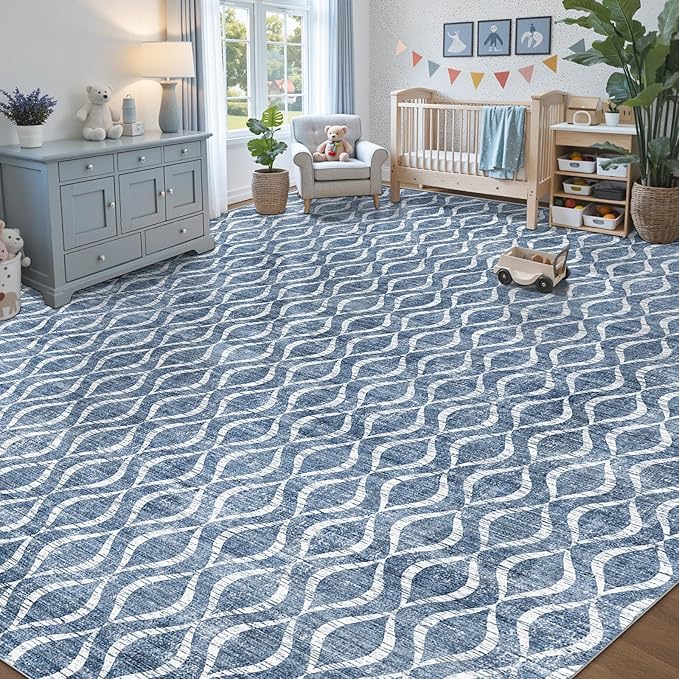 WITSHOCK 12x15 Area Rugs: Washable Non-Slip Soft Geometric Boho Print Pattern Large Thin Indoor Rug for Living Room Bedroom Dining Room, Carpet for Nursery Playroom Decor, Kid & Pet Friendly, Blue