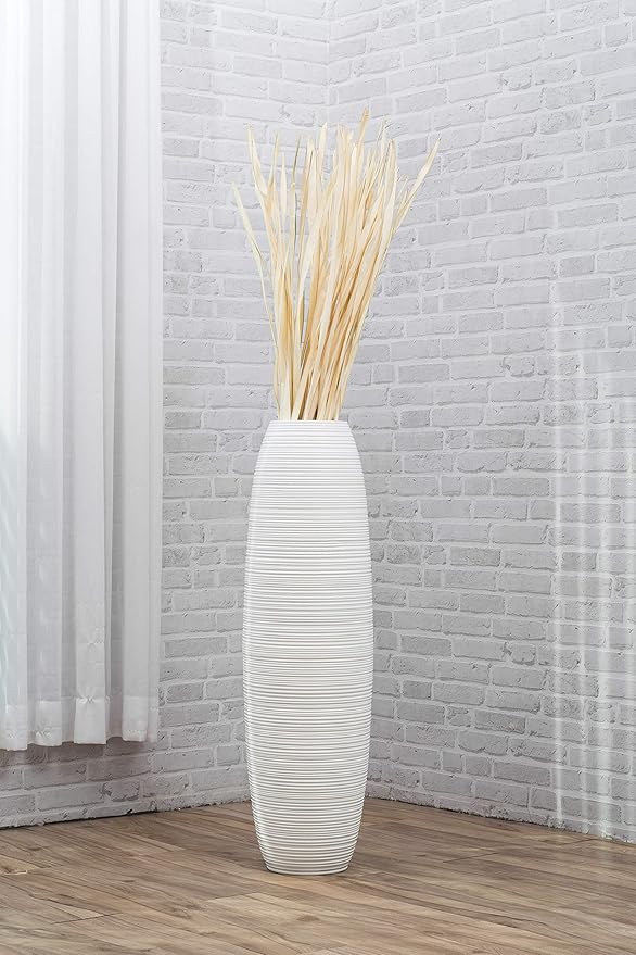 Leewadee Large White Home Decor Floor Vase – Wooden 43 inches Tall Farmhouse Decor Flower Holder for Fake Plant and Pampas Grass